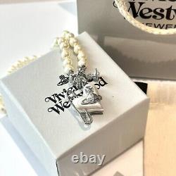 Vivienne Westwood Orietta Silver Heart Safety Pin Orb Pearls Necklace With Box