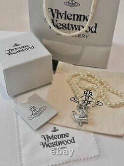 Vivienne Westwood Orietta Silver Heart Safety Pin Orb Pearls Necklace With Box