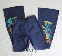 Vtg hippie Pin Ball wizard embroidered bell bottom flare denim high waist jeans