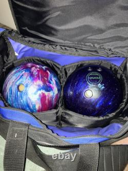2 boules de bowling en ébonite Maxim de 14 lb et 8 lb avec sac à roulettes