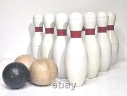 Ensemble de bowling vintage avec 10 quilles et 3 boules en bois originales de duck pin