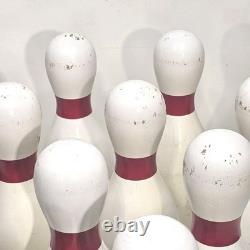 Ensemble de bowling vintage avec 10 quilles et 3 boules en bois originales de duck pin