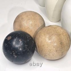 Ensemble de bowling vintage avec 10 quilles et 3 boules en bois originales de duck pin