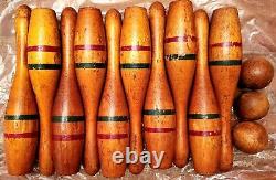 Ensemble de bowling vintage en bois 10 quilles 3 boules Bradley King Pin Line 8