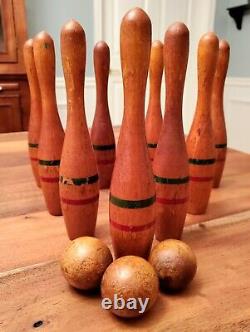 Ensemble de bowling vintage en bois 10 quilles 3 boules Bradley King Pin Line 8