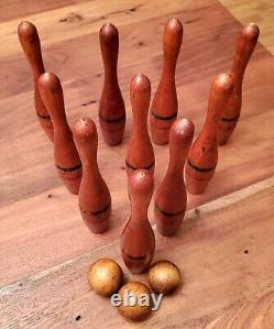 Ensemble de bowling vintage en bois 10 quilles 3 boules Bradley King Pin Line 8