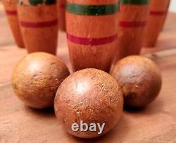 Ensemble de bowling vintage en bois 10 quilles 3 boules Bradley King Pin Line 8