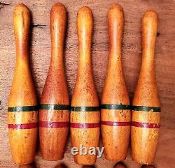Ensemble de bowling vintage en bois 10 quilles 3 boules Bradley King Pin Line 8