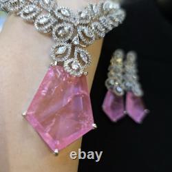 Ensemble de collier en pierre doublette rose avec boucles d'oreilles en bijou plaqué or blanc