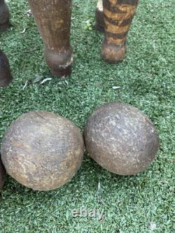 Jeu de Quilles en Bois Victorien/Édouardien Set de 9 Pins 3 Boules Jeu de Taverne Ancien