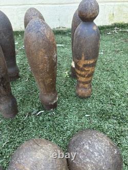 Jeu de Quilles en Bois Victorien/Édouardien Set de 9 Pins 3 Boules Jeu de Taverne Ancien