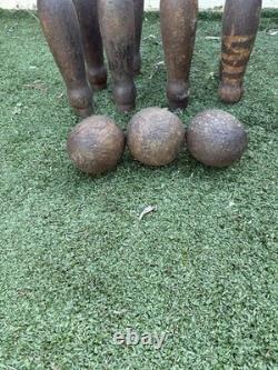 Jeu de Quilles en Bois Victorien/Édouardien Set de 9 Pins 3 Boules Jeu de Taverne Ancien