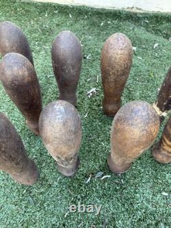 Jeu de Quilles en Bois Victorien/Édouardien Set de 9 Pins 3 Boules Jeu de Taverne Ancien
