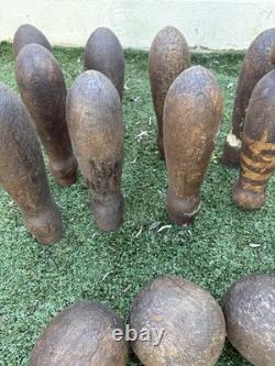 Jeu de Quilles en Bois Victorien/Édouardien Set de 9 Pins 3 Boules Jeu de Taverne Ancien
