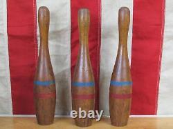 Jeu de quilles/broches de bowling en bois antique des années 1900 avec balle, 8.5 épingles