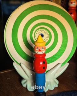 Jeu de quilles en bois vintage rare des années 1940 avec clowns, 9 quilles, balle, jouets et curiosités