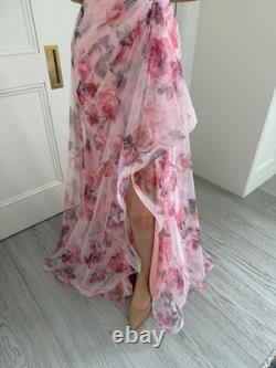 Longue robe de soirée en tulle rose avec jupe ample et fente sur le devant, convient à une taille britannique 6