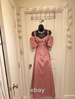 Robe de soirée en taffetas glamour des années 40/50, épaules nues, manches bouffantes, taille 14