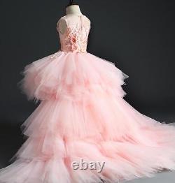 Robes de fleurs roses en tulle pour demoiselles d'honneur de mariage - Robe de princesse à traîne perlée