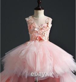 Robes de fleurs roses en tulle pour demoiselles d'honneur de mariage - Robe de princesse à traîne perlée