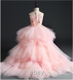 Robes de fleurs roses en tulle pour demoiselles d'honneur de mariage - Robe de princesse à traîne perlée